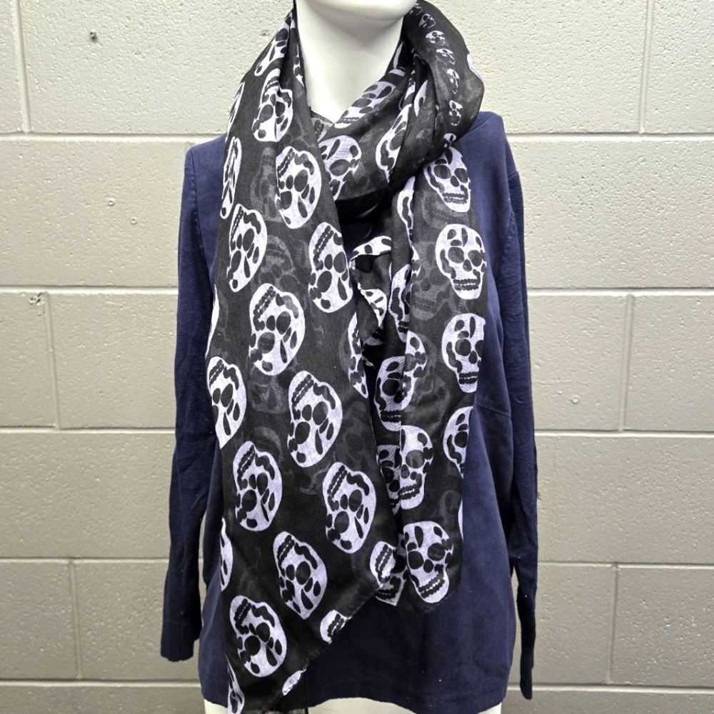 Black Sheer Scarf with Grey Sugar Skulls